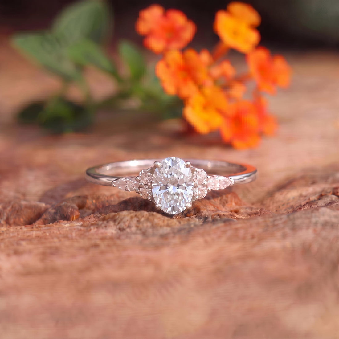 Oval Moissanite Engagement Ring, Delicate Gold Cluster Ring, Vintage Inspired Wedding Ring, Anniversary Gift for Her, Promise Ring