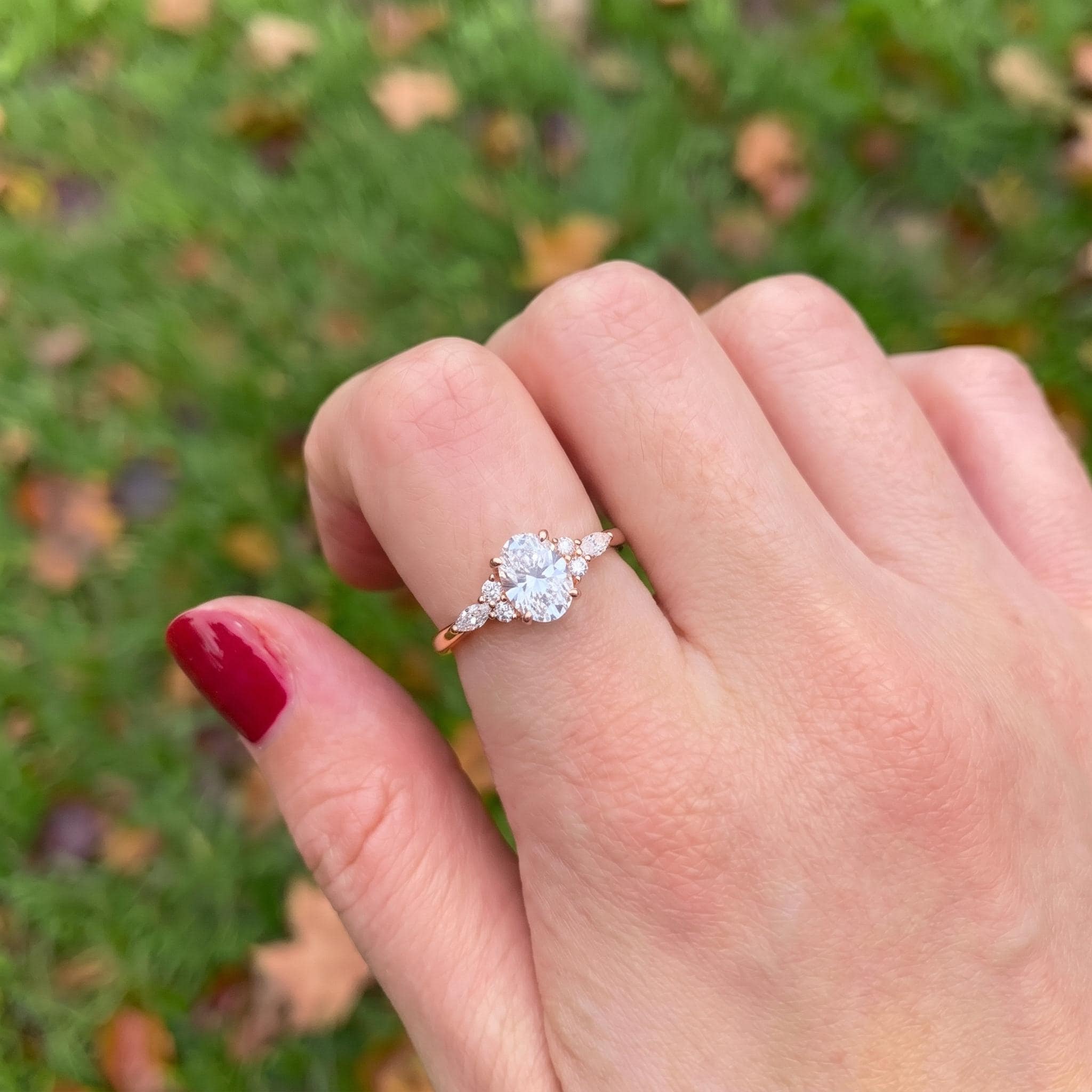 Oval Moissanite Engagement Ring, Delicate Gold Cluster Ring, Vintage Inspired Wedding Ring, Anniversary Gift for Her, Promise Ring