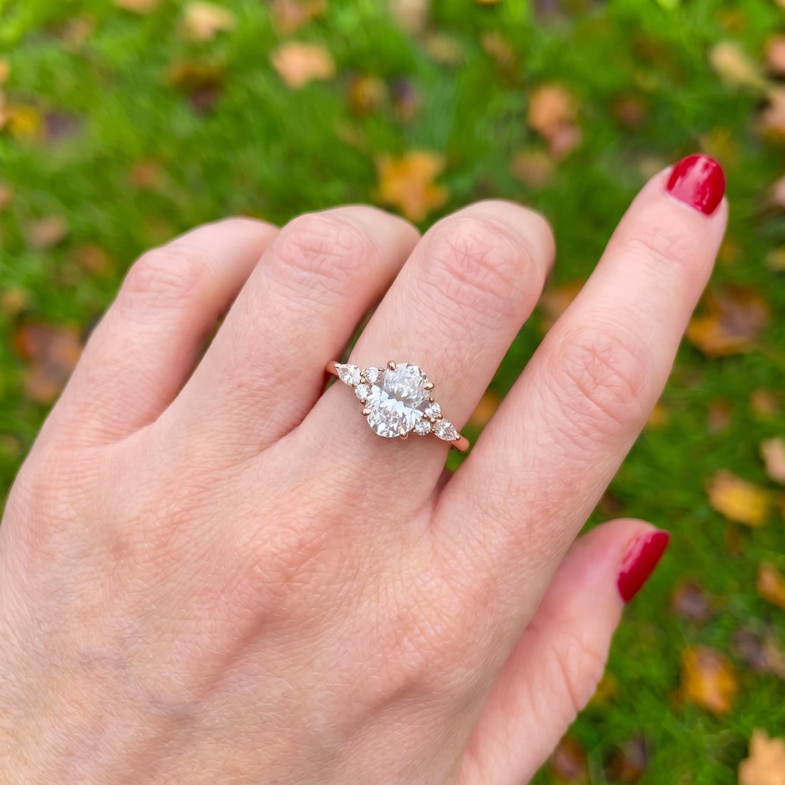 Oval Moissanite Engagement Ring, Delicate Gold Cluster Ring, Vintage Inspired Wedding Ring, Anniversary Gift for Her, Promise Ring