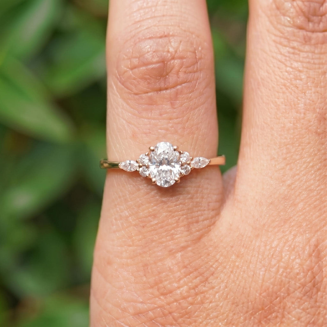 Oval Moissanite Engagement Ring, Delicate Gold Cluster Ring, Vintage Inspired Wedding Ring, Anniversary Gift for Her, Promise Ring
