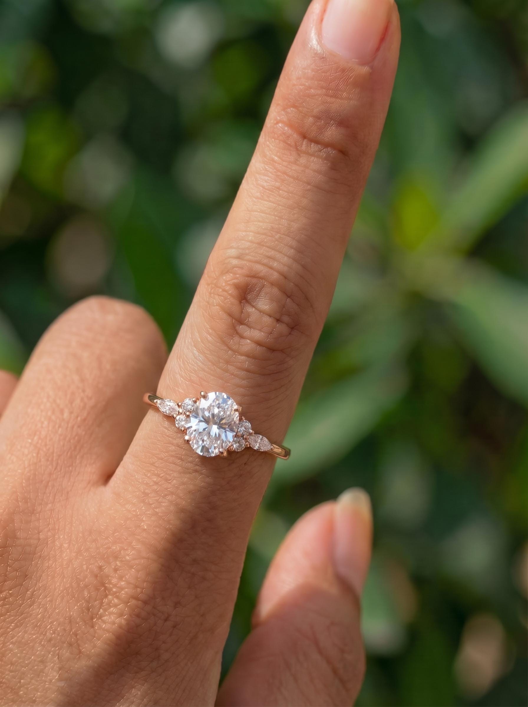 Oval Moissanite Engagement Ring, Delicate Gold Cluster Ring, Vintage Inspired Wedding Ring, Anniversary Gift for Her, Promise Ring