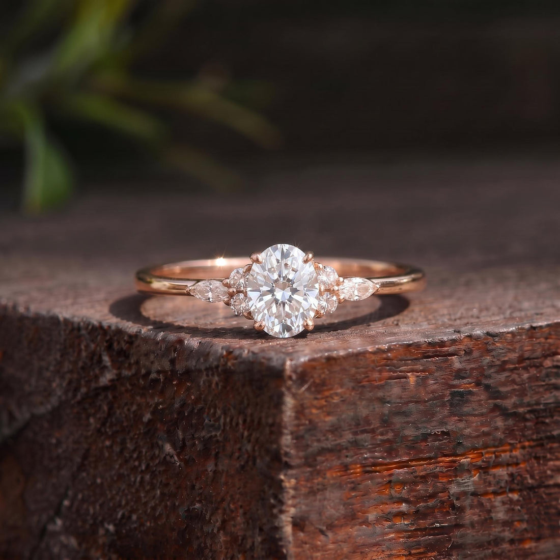 Oval Moissanite Engagement Ring, Delicate Gold Cluster Ring, Vintage Inspired Wedding Ring, Anniversary Gift for Her, Promise Ring