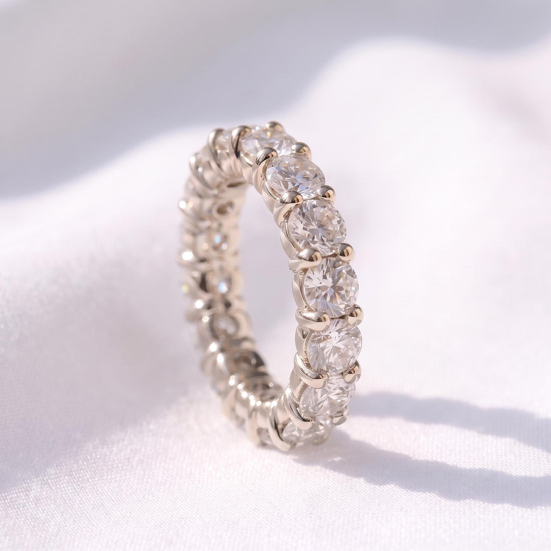 4.3mm Shared Prong Wedding Band, Comfort Fit Eternity Ring, Stackable Band, 14K Gold Simulated Diamond Band, Promise Ring Gift for Her