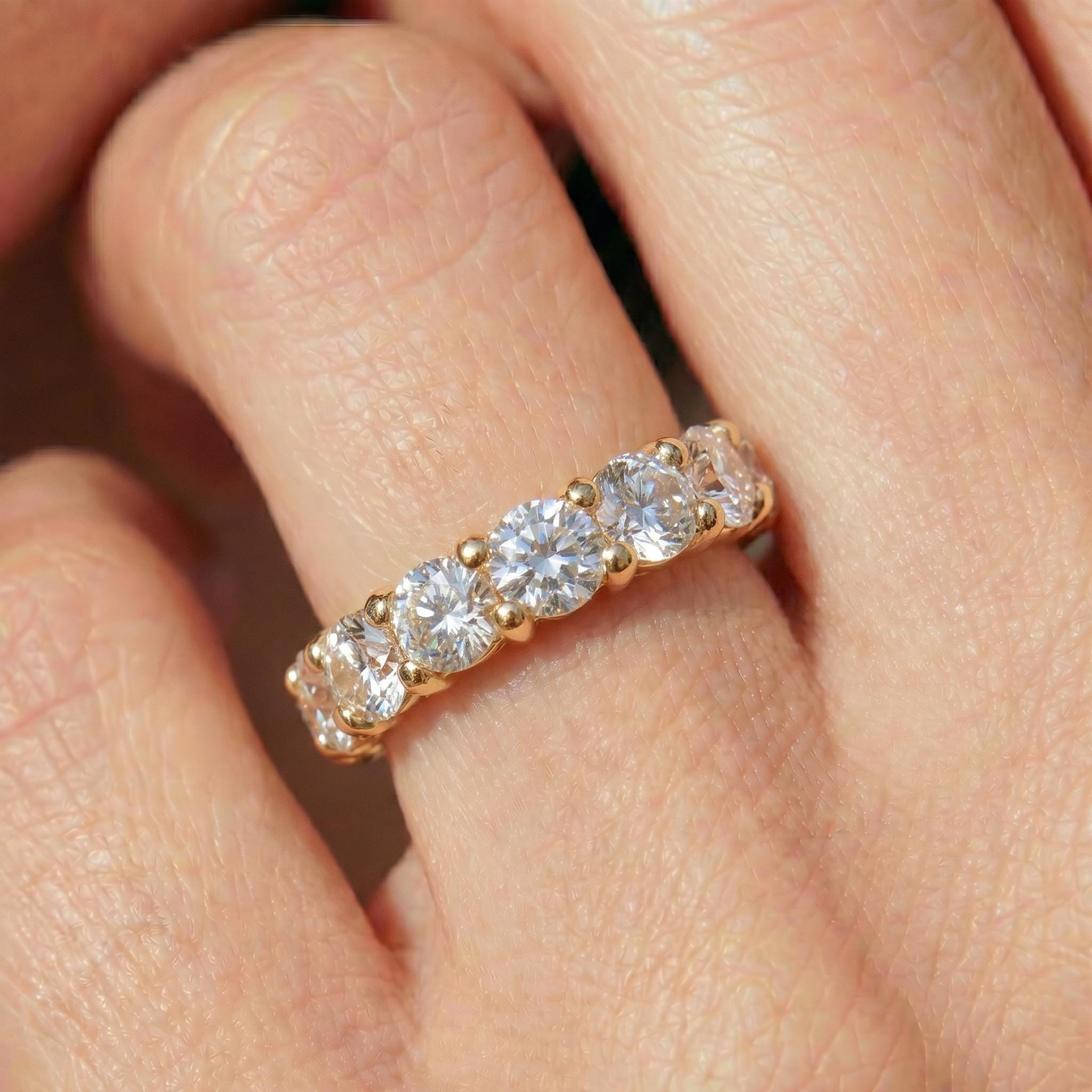 4.3mm Shared Prong Wedding Band, Comfort Fit Eternity Ring, Stackable Band, 14K Gold Simulated Diamond Band, Promise Ring Gift for Her