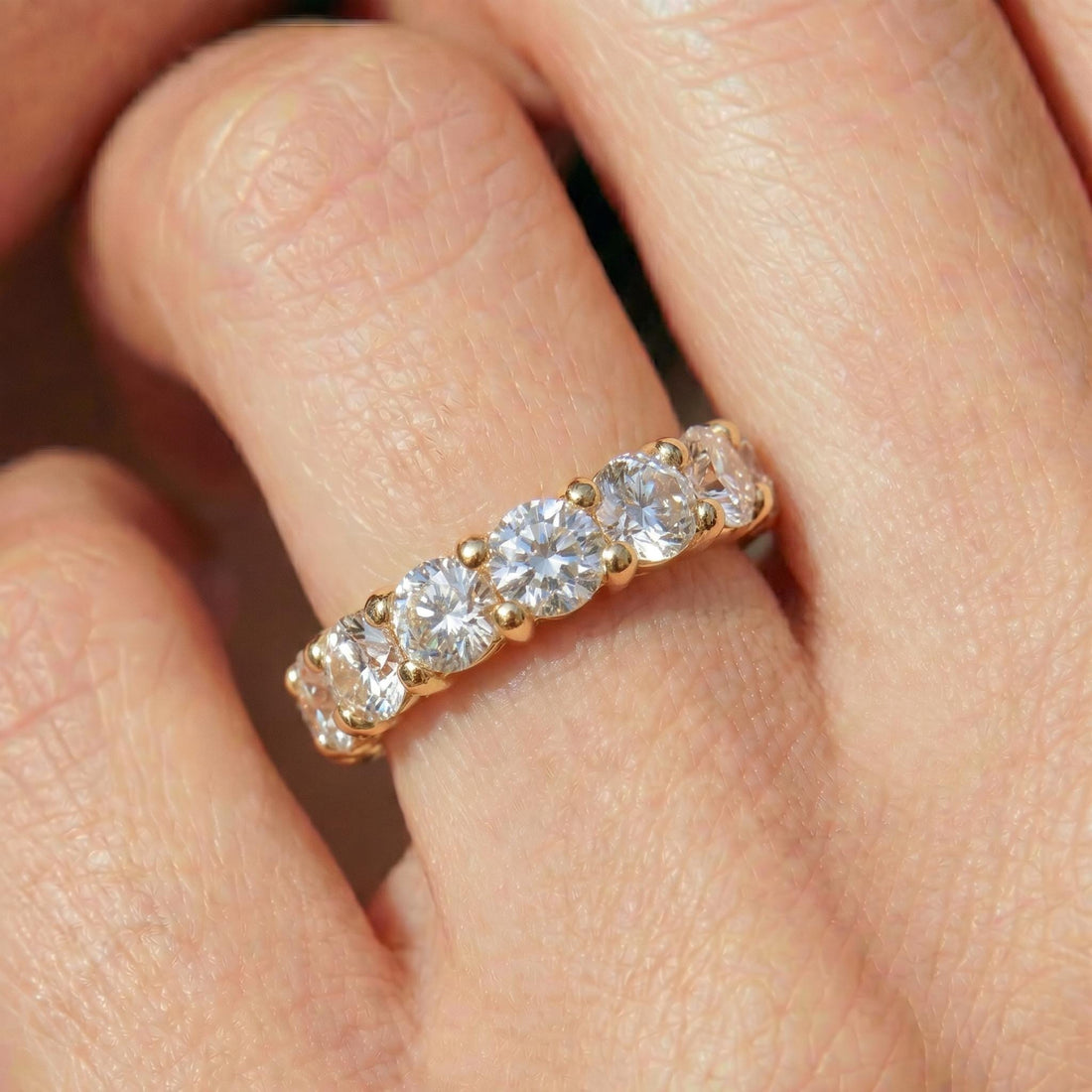 4.3mm Shared Prong Wedding Band, Comfort Fit Eternity Ring, Stackable Band, 14K Gold Simulated Diamond Band, Promise Ring Gift for Her