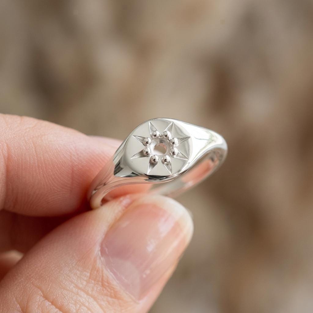 925 Sterling Silver Starburst Signet Ring Mount 1.8mm, 8 Bead Star Setting, Dainty Round Semi Mount for Jewelry Making