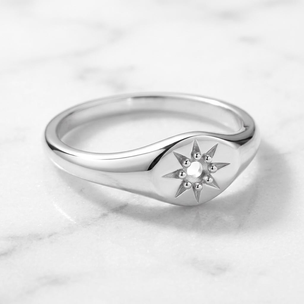 925 Sterling Silver Starburst Signet Ring Mount 1.8mm, 8 Bead Star Setting, Dainty Round Semi Mount for Jewelry Making