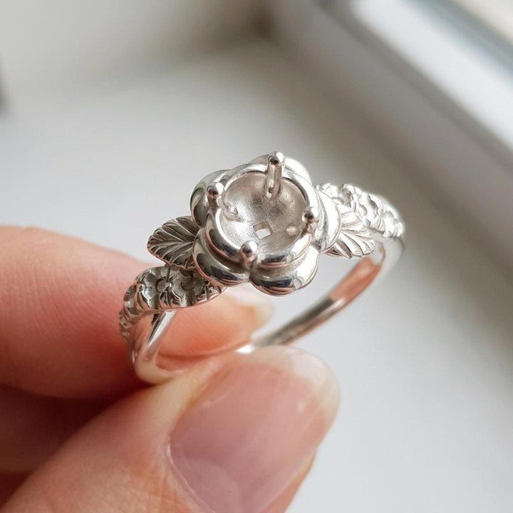 Round Semi Mount Ring Setting 3mm, 925 Sterling Silver Flower Leaf Ring Mount, 4 Prong Empty Ring Setting for DIY