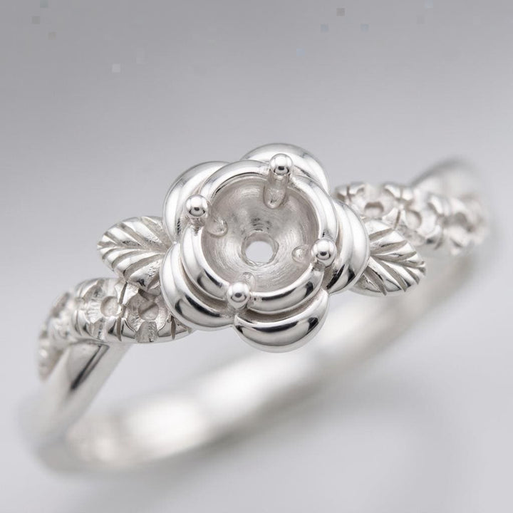 Round Semi Mount Ring Setting 3mm, 925 Sterling Silver Flower Leaf Ring Mount, 4 Prong Empty Ring Setting for DIY