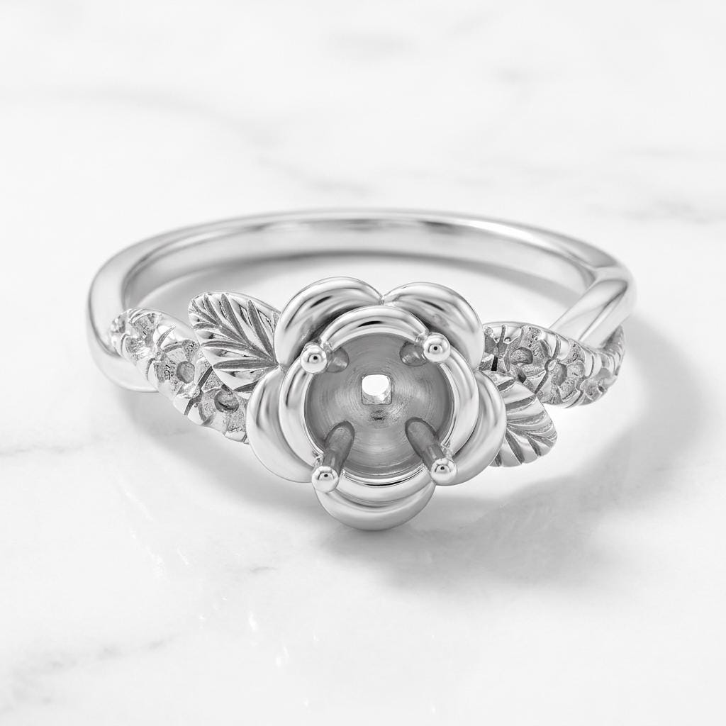 Round Semi Mount Ring Setting 3mm, 925 Sterling Silver Flower Leaf Ring Mount, 4 Prong Empty Ring Setting for DIY