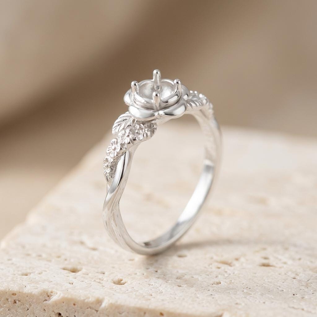 Round Semi Mount Ring Setting 3mm, 925 Sterling Silver Flower Leaf Ring Mount, 4 Prong Empty Ring Setting for DIY