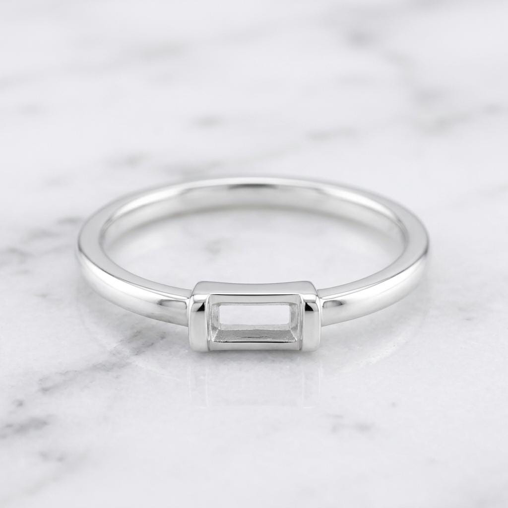 Custom Ring Base Baguette 4x2mm, 925 Silver Empty Bezel Setting Without Center Piece, Plain Band Semi Mount for Jewelers