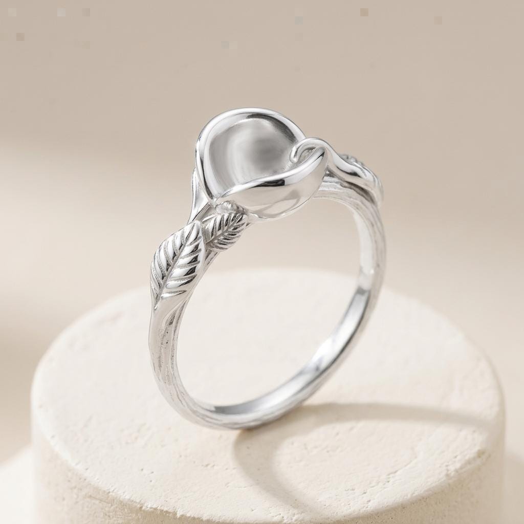 Round Semi Mount Ring Setting 5 to 8mm, 925 Sterling Silver Leaf Vine Ring Mount, Open Petal Cup Empty Ring Setting for DIY