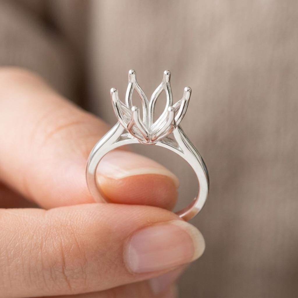 Lotus Ring Setting for 5 to 9mm Round Center, Unset Silver Ring Blank, Jeweler Semi Mount, 6 Prong Cathedral, Made to Order