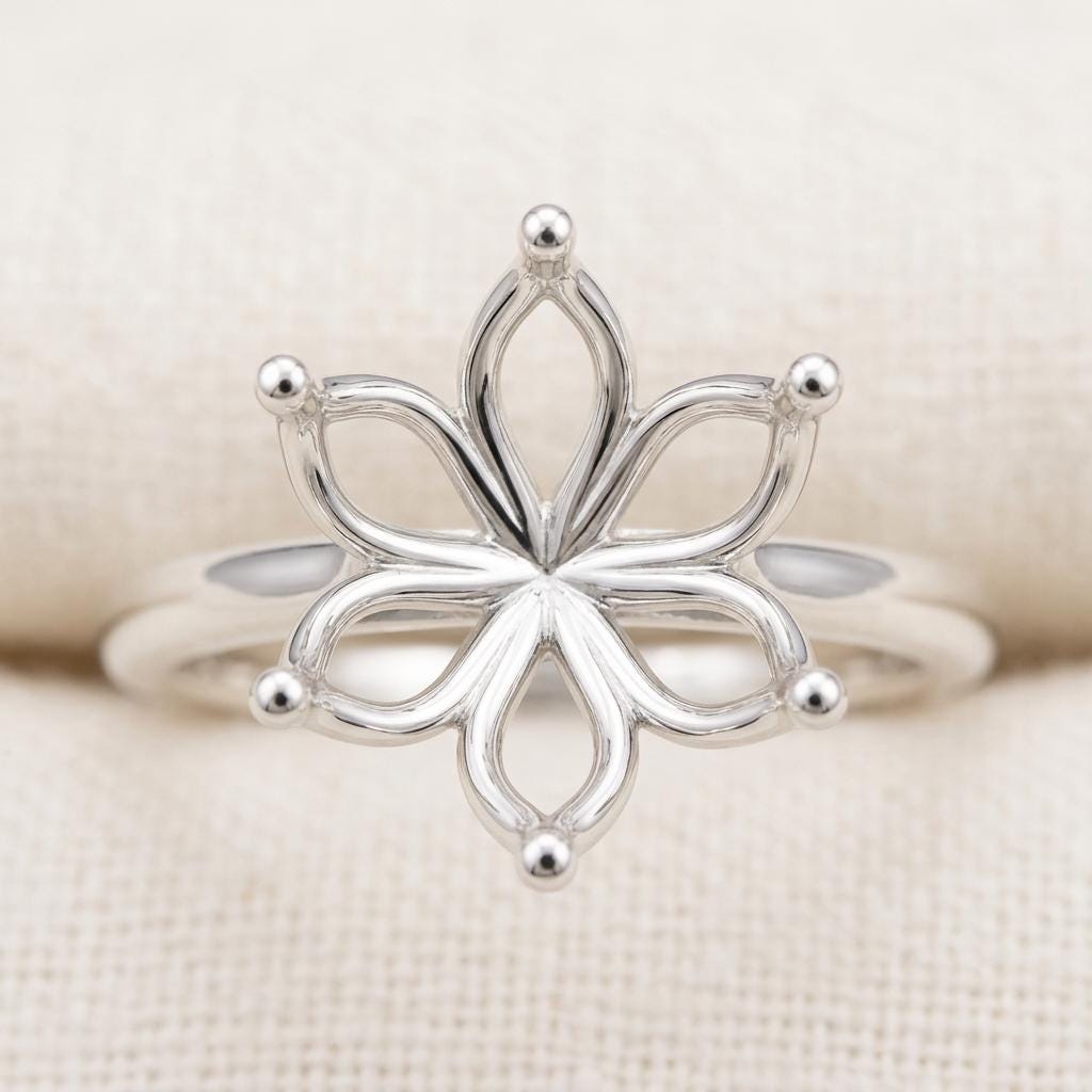 Lotus Ring Setting for 5 to 9mm Round Center, Unset Silver Ring Blank, Jeweler Semi Mount, 6 Prong Cathedral, Made to Order