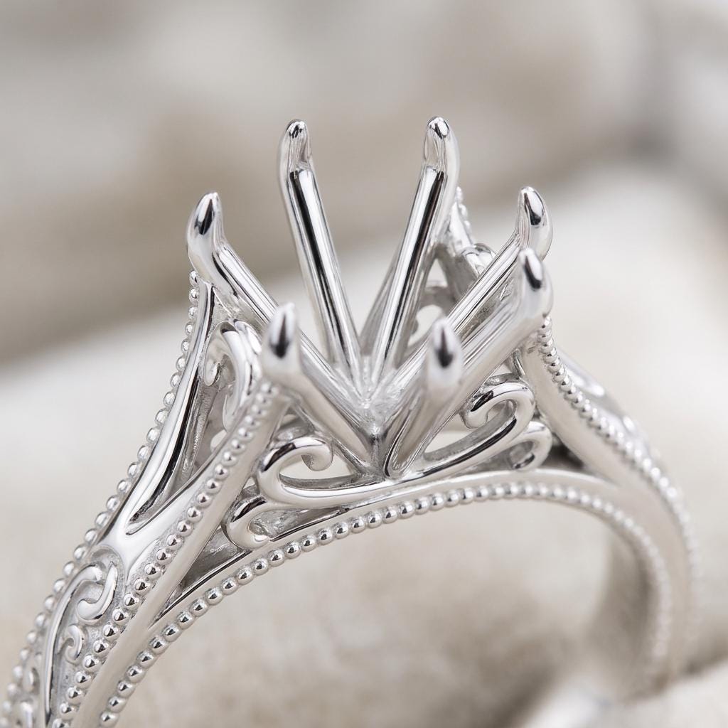 Oval Semi Mount Ring Setting, 925 Sterling Silver Vintage Filigree Ring Mount, 6 Prong Empty Setting for DIY