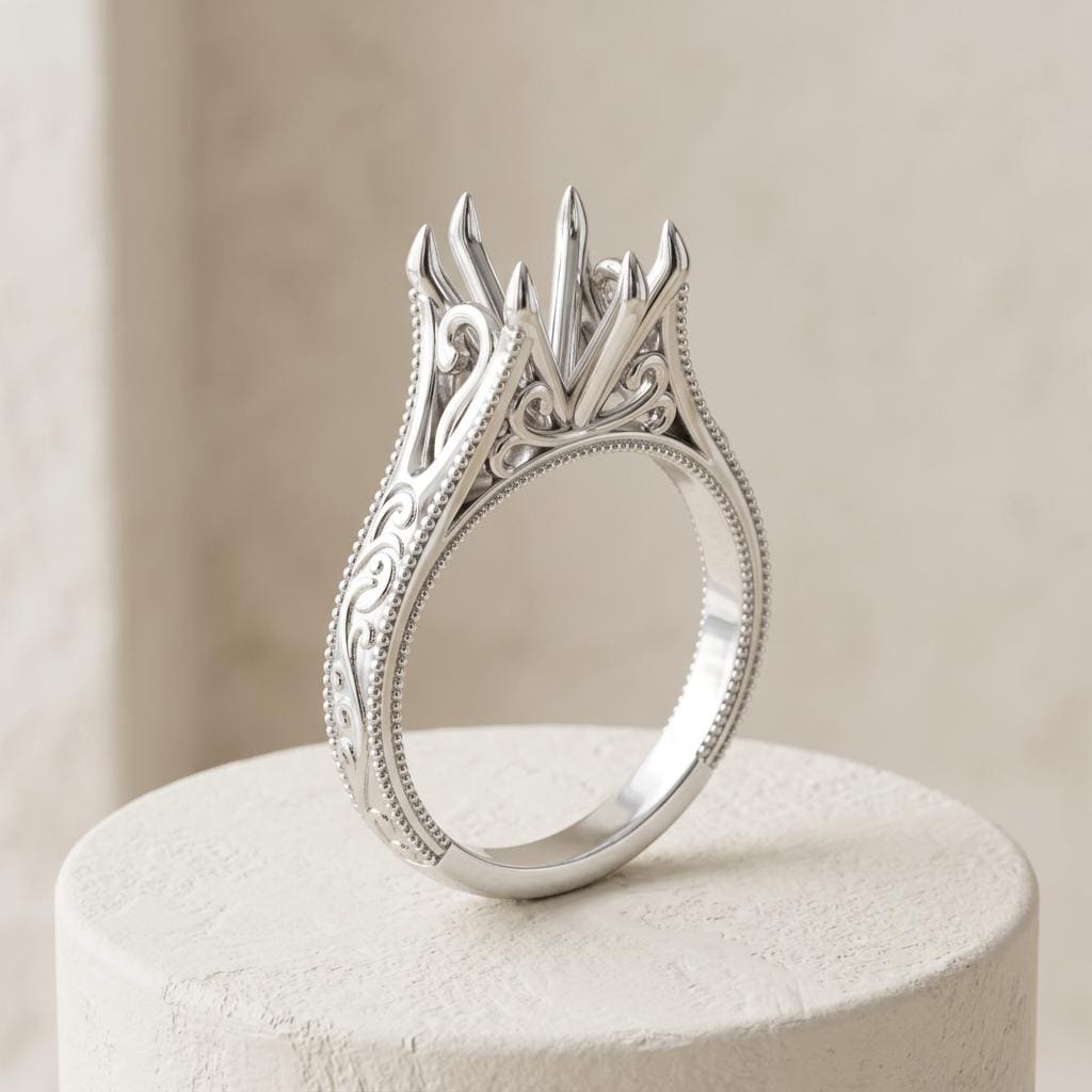 Oval Semi Mount Ring Setting, 925 Sterling Silver Vintage Filigree Ring Mount, 6 Prong Empty Setting for DIY