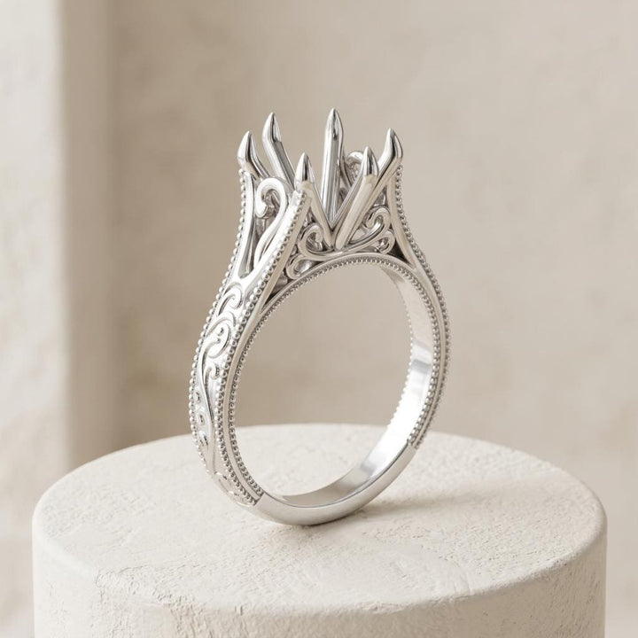 Oval Semi Mount Ring Setting, 925 Sterling Silver Vintage Filigree Ring Mount, 6 Prong Empty Setting for DIY