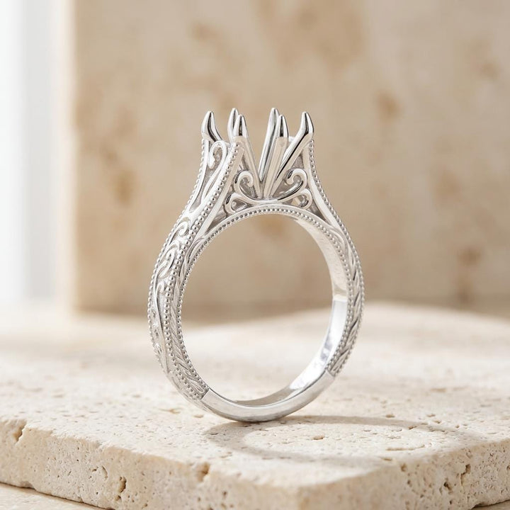 Oval Semi Mount Ring Setting, 925 Sterling Silver Vintage Filigree Ring Mount, 6 Prong Empty Setting for DIY