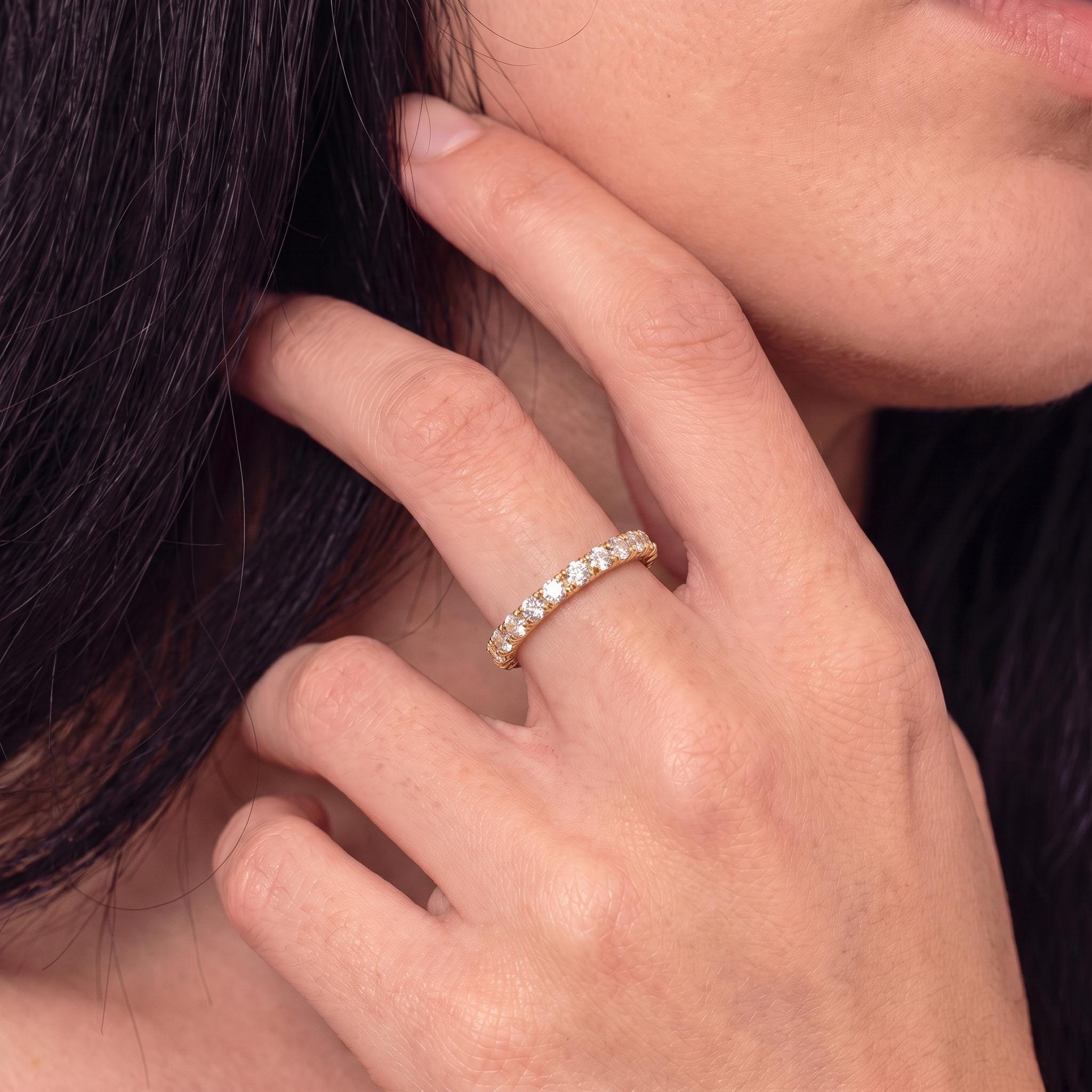 2.5mm French Pave Eternity Ring, 14K Gold Full Eternity Stackable Band, Anniversary Ring Gift for Her, Promise Ring