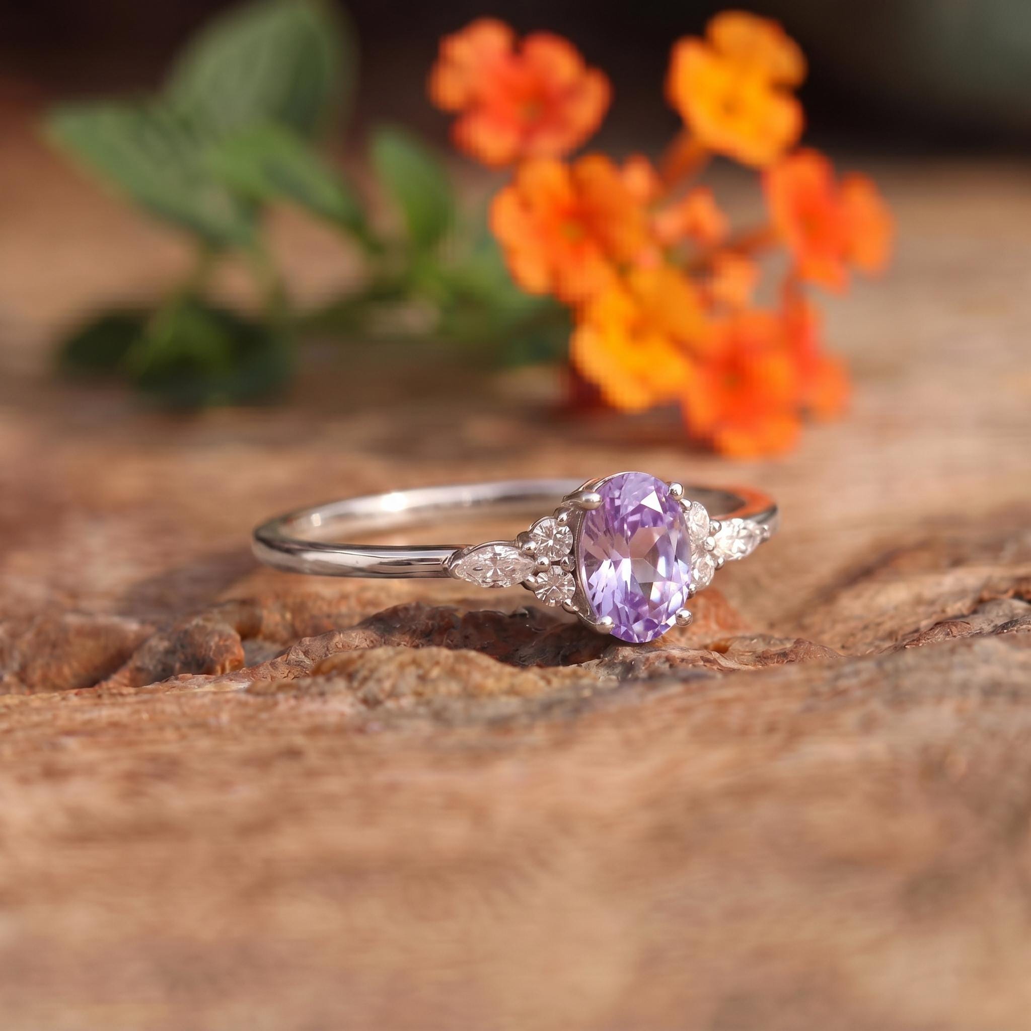 Lavender Oval Gemstone Ring, Dainty Cluster Engagement Ring, Marquise Diamond Accents, Promise Ring, Anniversary Gift for Her