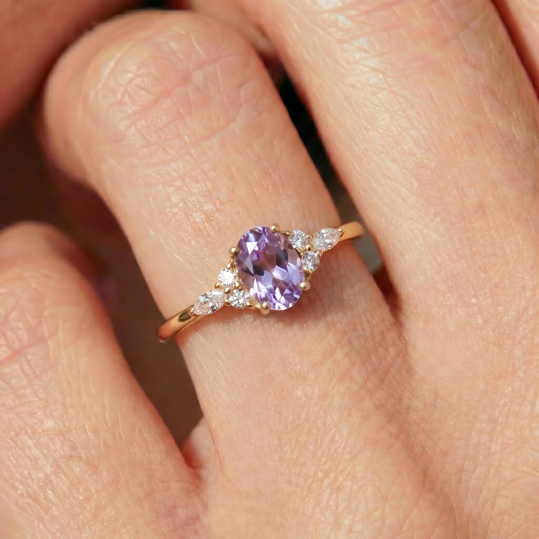 Lavender Oval Gemstone Ring, Dainty Cluster Engagement Ring, Marquise Diamond Accents, Promise Ring, Anniversary Gift for Her