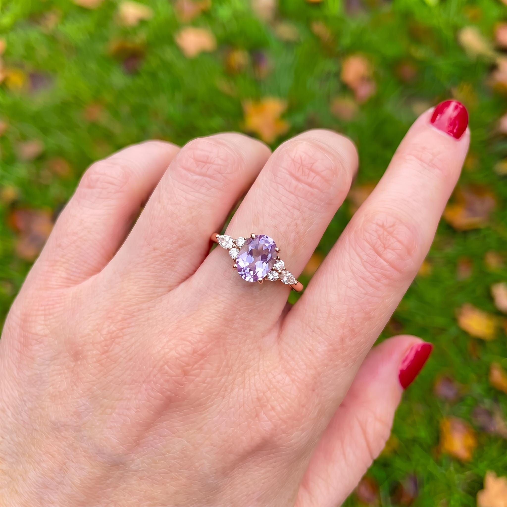 Lavender Oval Gemstone Ring, Dainty Cluster Engagement Ring, Marquise Diamond Accents, Promise Ring, Anniversary Gift for Her