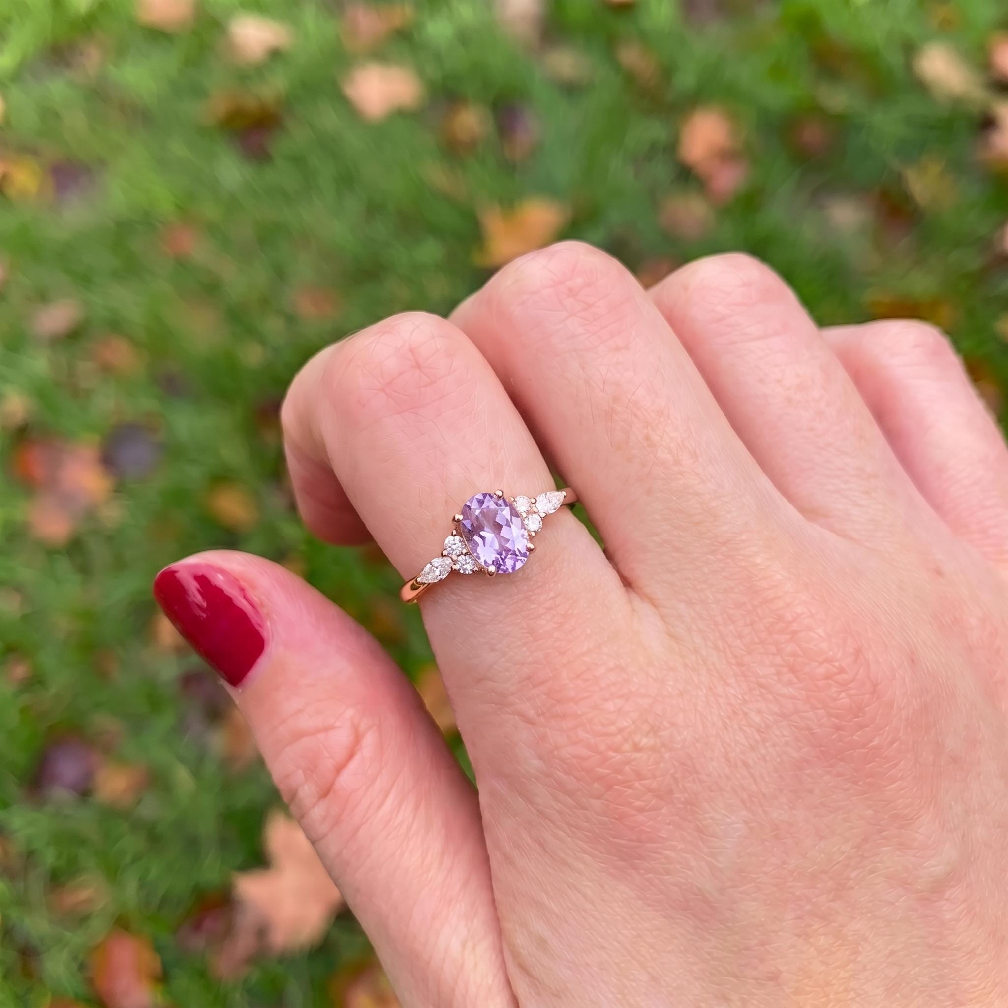 Lavender Oval Gemstone Ring, Dainty Cluster Engagement Ring, Marquise Diamond Accents, Promise Ring, Anniversary Gift for Her