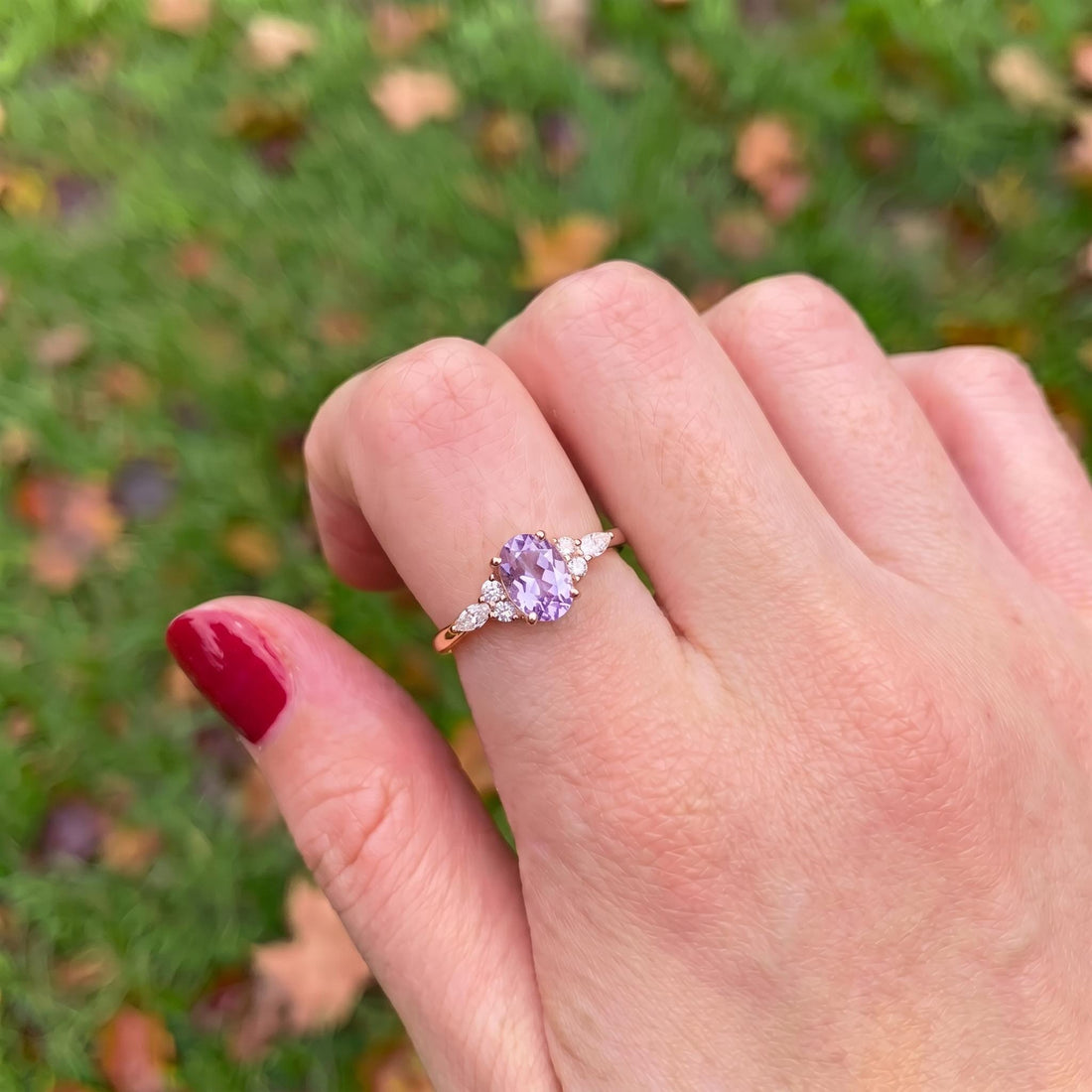 Lavender Oval Gemstone Ring, Dainty Cluster Engagement Ring, Marquise Diamond Accents, Promise Ring, Anniversary Gift for Her