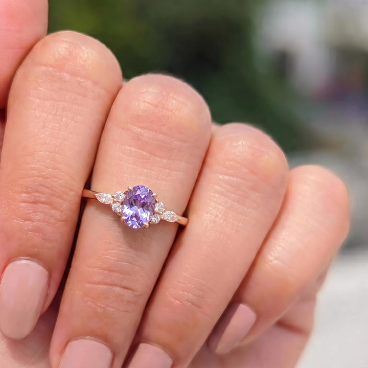 Lavender Oval Gemstone Ring, Dainty Cluster Engagement Ring, Marquise Diamond Accents, Promise Ring, Anniversary Gift for Her