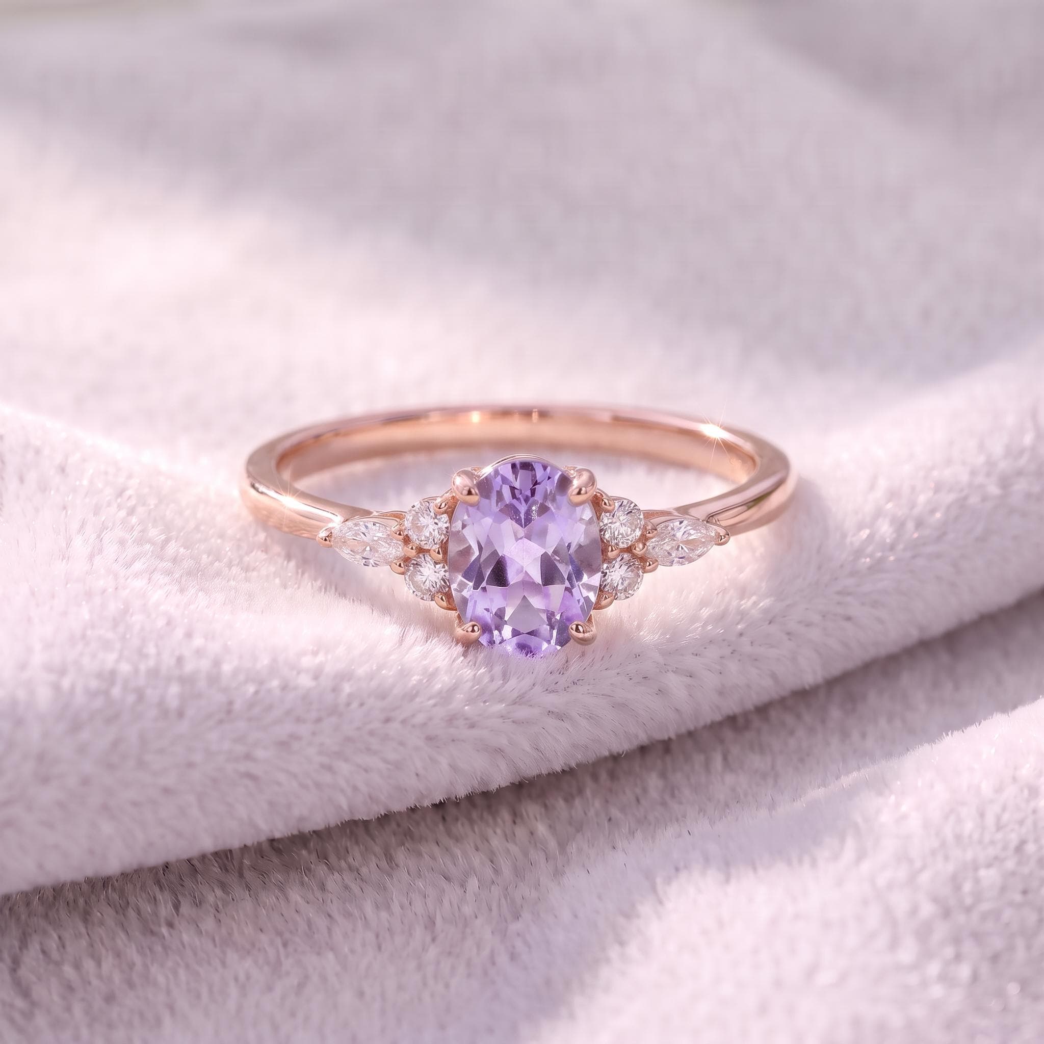 Lavender Oval Gemstone Ring, Dainty Cluster Engagement Ring, Marquise Diamond Accents, Promise Ring, Anniversary Gift for Her
