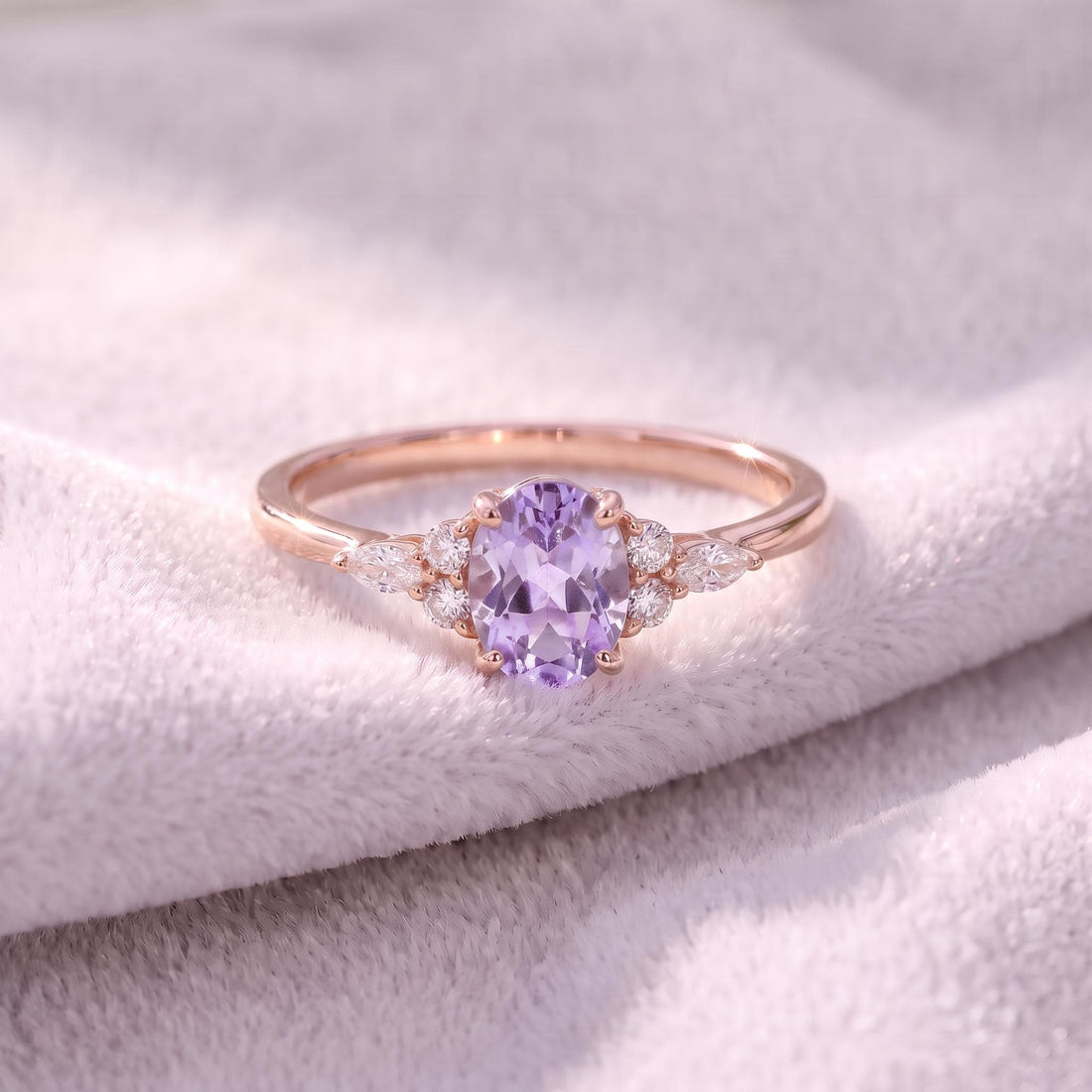 Lavender Oval Gemstone Ring, Dainty Cluster Engagement Ring, Marquise Diamond Accents, Promise Ring, Anniversary Gift for Her