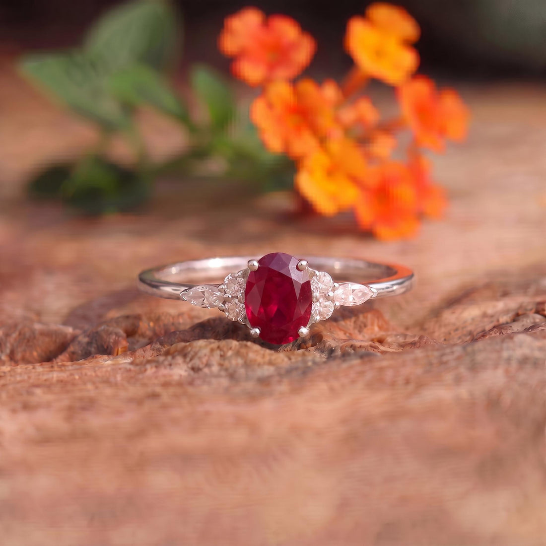 Ruby & Diamond Engagement Ring | Oval Red Gemstone Cluster Ring | Delicate Anniversary Ring Gift for Her