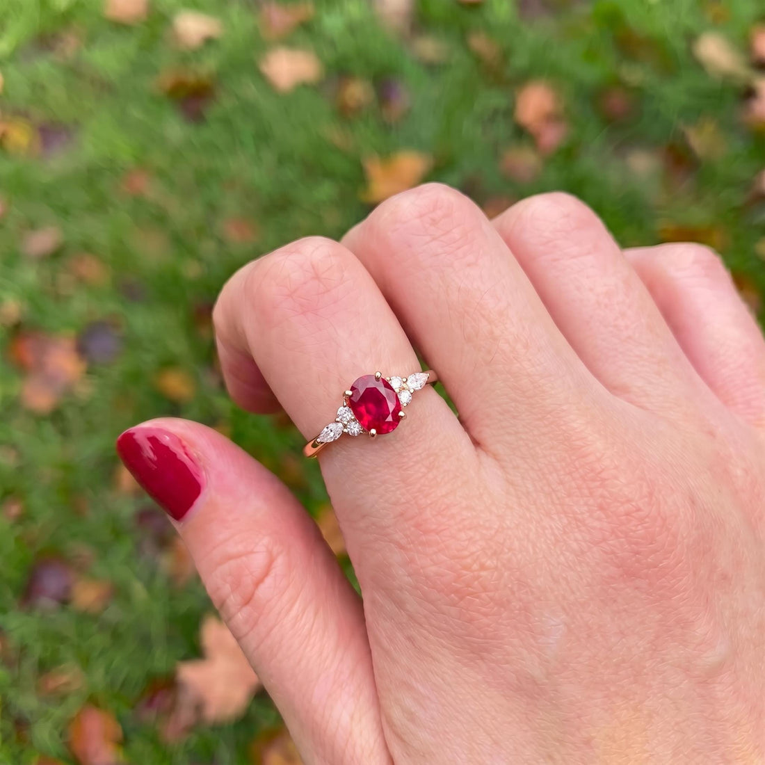 Ruby & Diamond Engagement Ring | Oval Red Gemstone Cluster Ring | Delicate Anniversary Ring Gift for Her