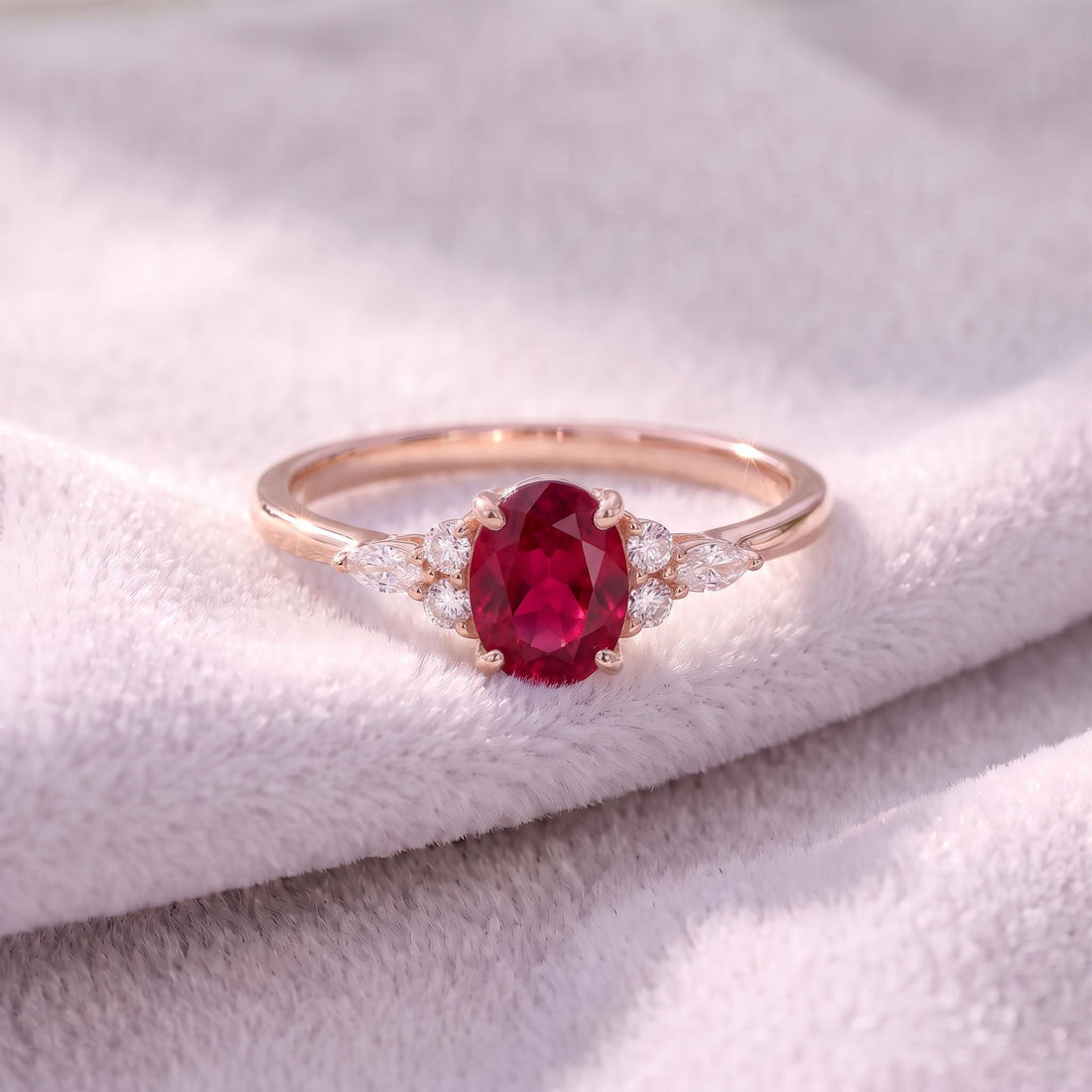 Ruby & Diamond Engagement Ring | Oval Red Gemstone Cluster Ring | Delicate Anniversary Ring Gift for Her