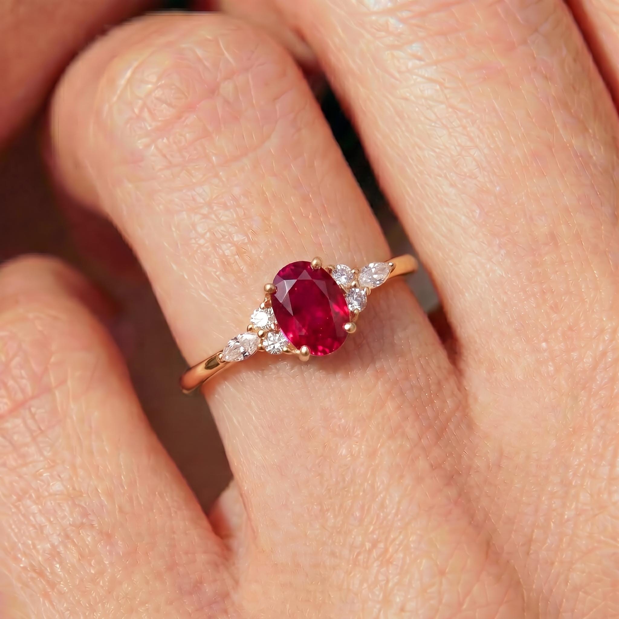 Ruby & Diamond Engagement Ring | Oval Red Gemstone Cluster Ring | Delicate Anniversary Ring Gift for Her