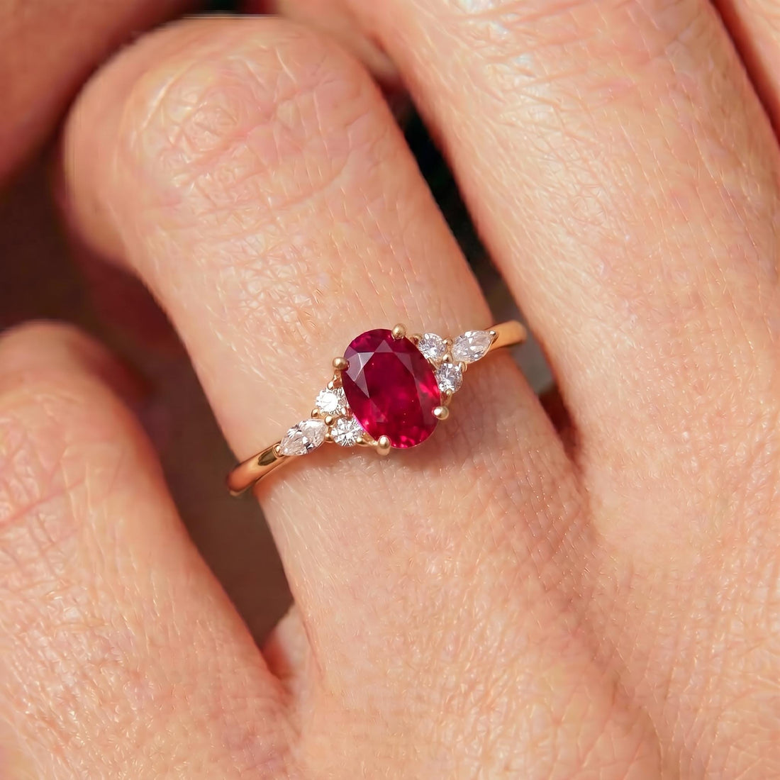 Ruby & Diamond Engagement Ring | Oval Red Gemstone Cluster Ring | Delicate Anniversary Ring Gift for Her