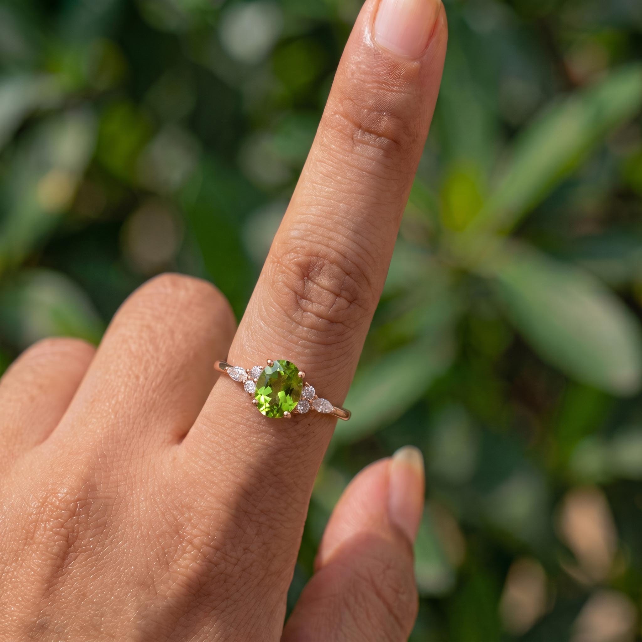 Vibrant Peridot & Diamond Cluster Ring | 14K Gold Delicate Oval Gemstone Ring | August Birthstone Gift for Her | Engagement Promise Ring