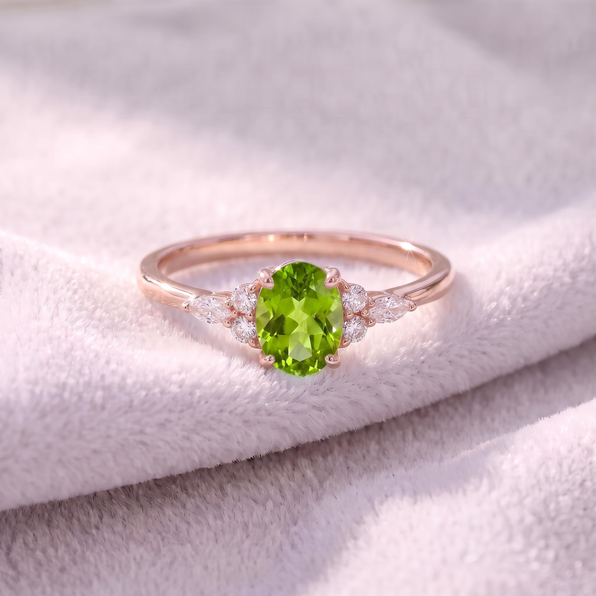 Vibrant Peridot & Diamond Cluster Ring | 14K Gold Delicate Oval Gemstone Ring | August Birthstone Gift for Her | Engagement Promise Ring