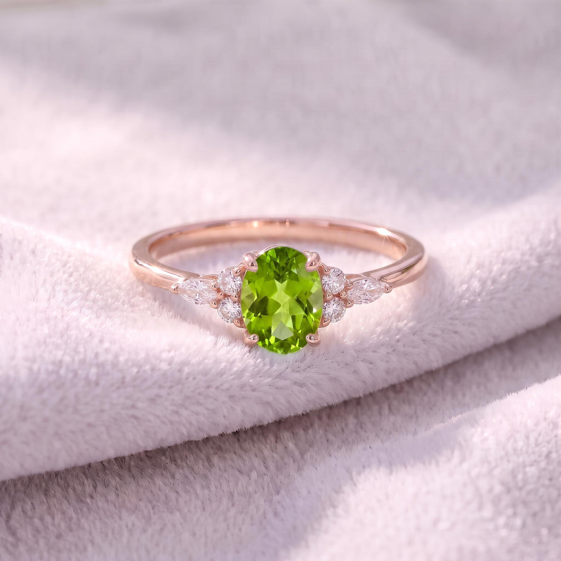 Vibrant Peridot & Diamond Cluster Ring | 14K Gold Delicate Oval Gemstone Ring | August Birthstone Gift for Her | Engagement Promise Ring