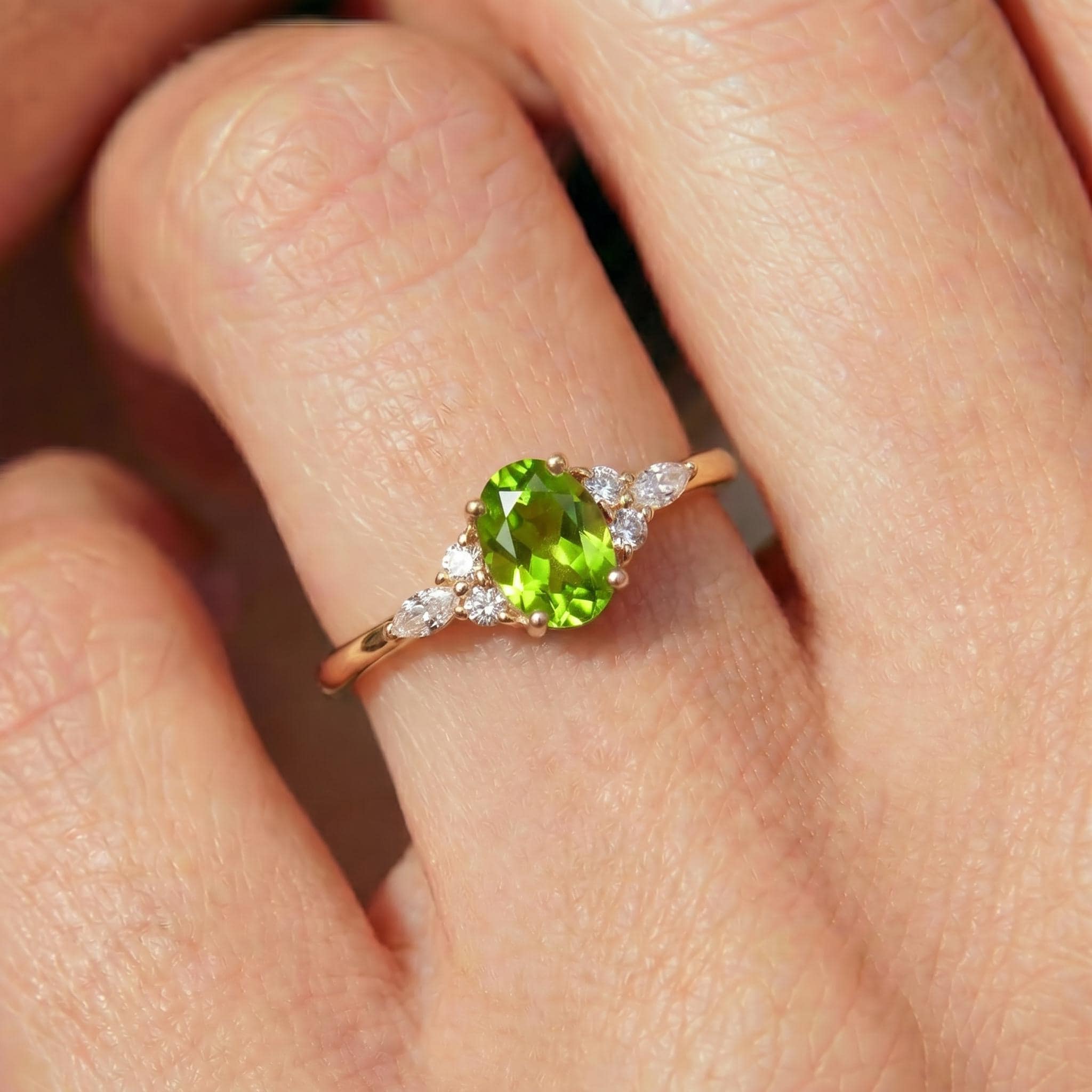 Vibrant Peridot & Diamond Cluster Ring | 14K Gold Delicate Oval Gemstone Ring | August Birthstone Gift for Her | Engagement Promise Ring