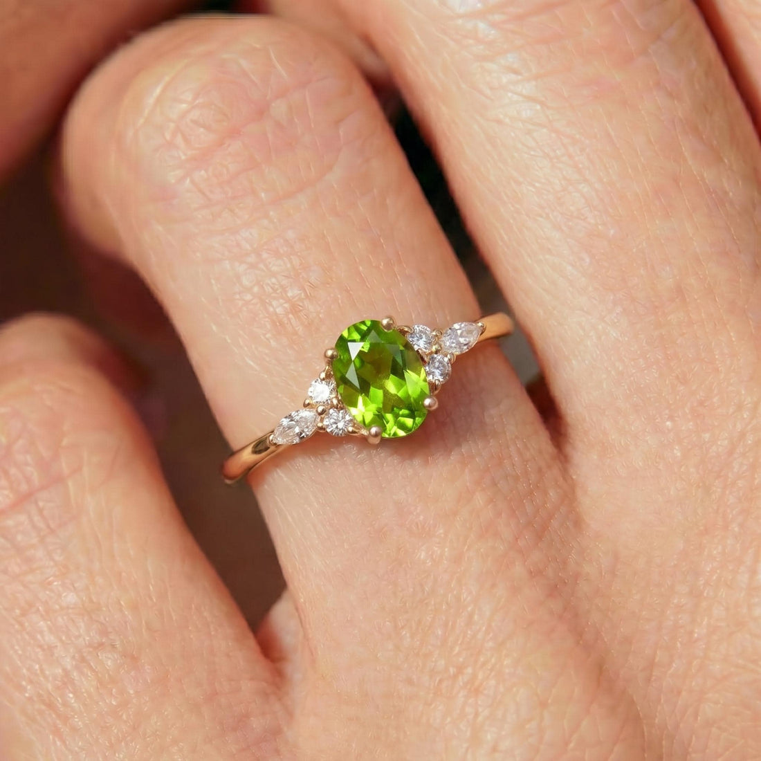 Vibrant Peridot & Diamond Cluster Ring | 14K Gold Delicate Oval Gemstone Ring | August Birthstone Gift for Her | Engagement Promise Ring