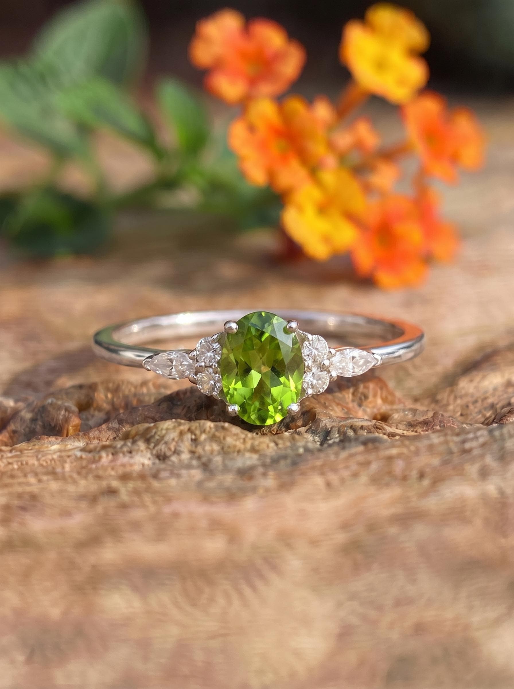 Vibrant Peridot & Diamond Cluster Ring | 14K Gold Delicate Oval Gemstone Ring | August Birthstone Gift for Her | Engagement Promise Ring