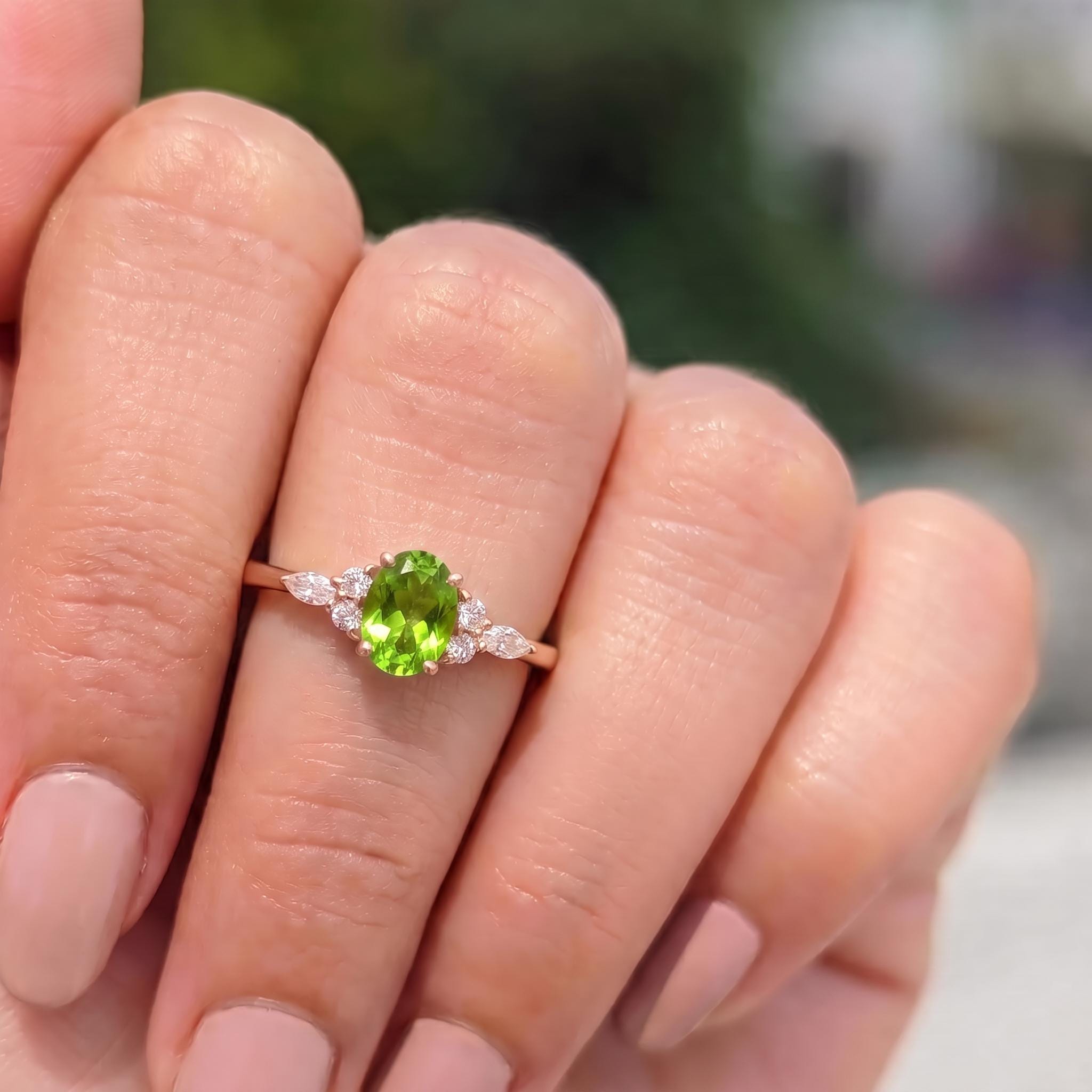 Vibrant Peridot & Diamond Cluster Ring | 14K Gold Delicate Oval Gemstone Ring | August Birthstone Gift for Her | Engagement Promise Ring