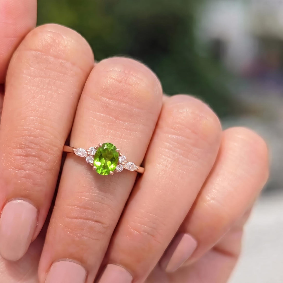 Vibrant Peridot & Diamond Cluster Ring | 14K Gold Delicate Oval Gemstone Ring | August Birthstone Gift for Her | Engagement Promise Ring