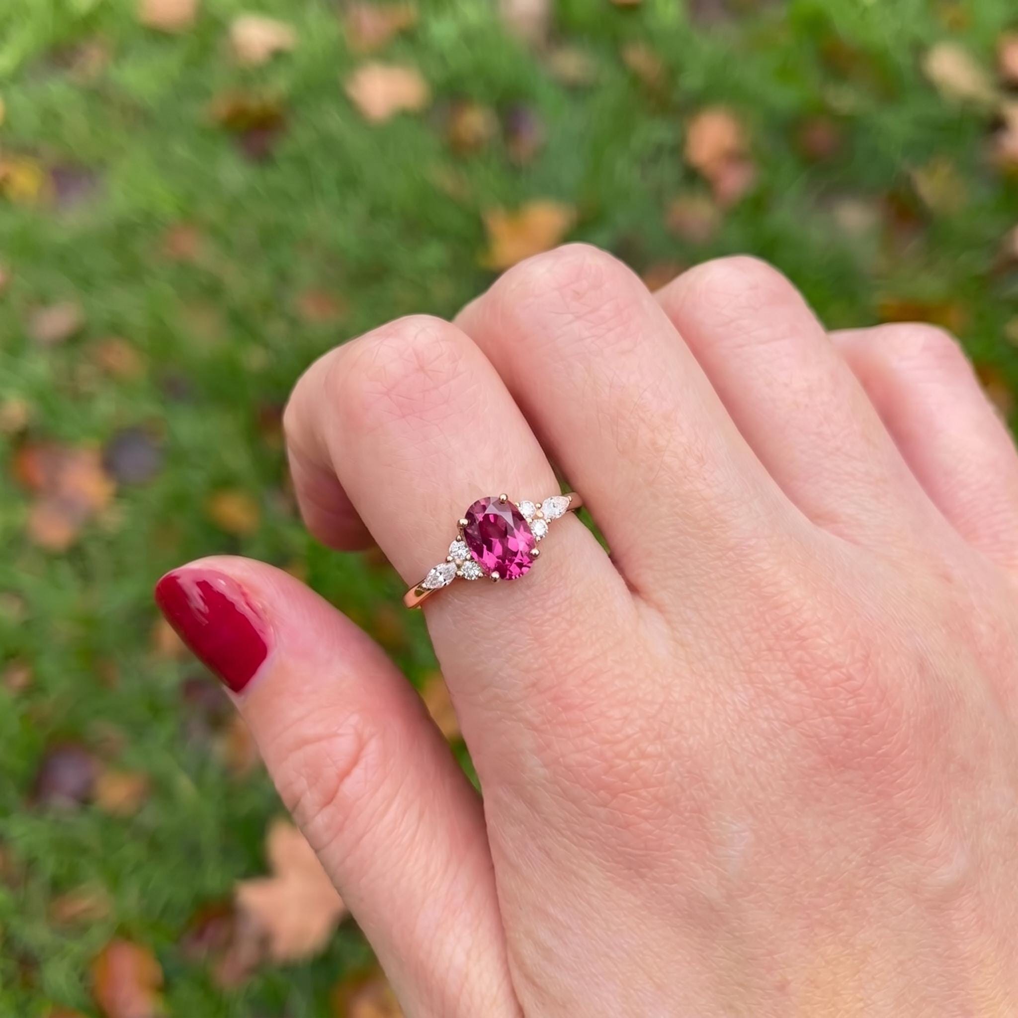 Elegant Oval Pink Tourmaline Ring | Diamond Cluster Engagement Ring | Delicate Promise Ring | Anniversary Ring Gift for Her