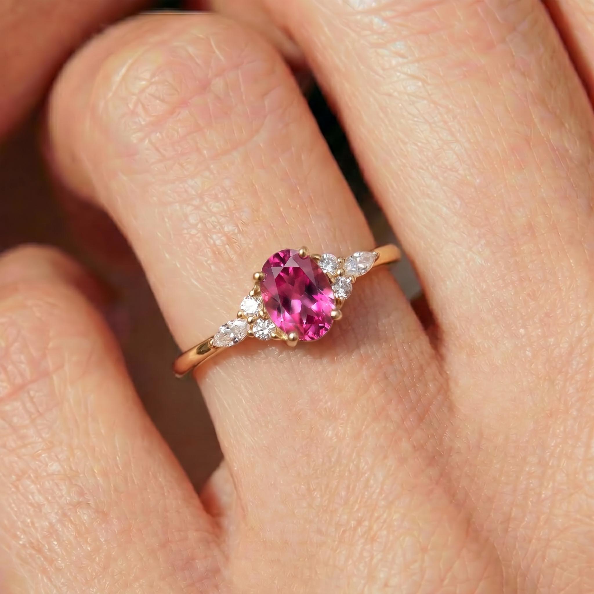 Elegant Oval Pink Tourmaline Ring | Diamond Cluster Engagement Ring | Delicate Promise Ring | Anniversary Ring Gift for Her
