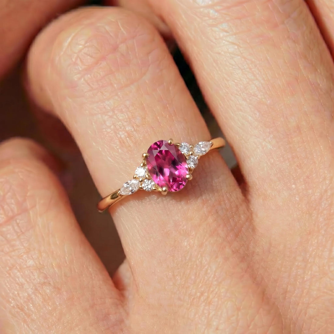 Elegant Oval Pink Tourmaline Ring | Diamond Cluster Engagement Ring | Delicate Promise Ring | Anniversary Ring Gift for Her