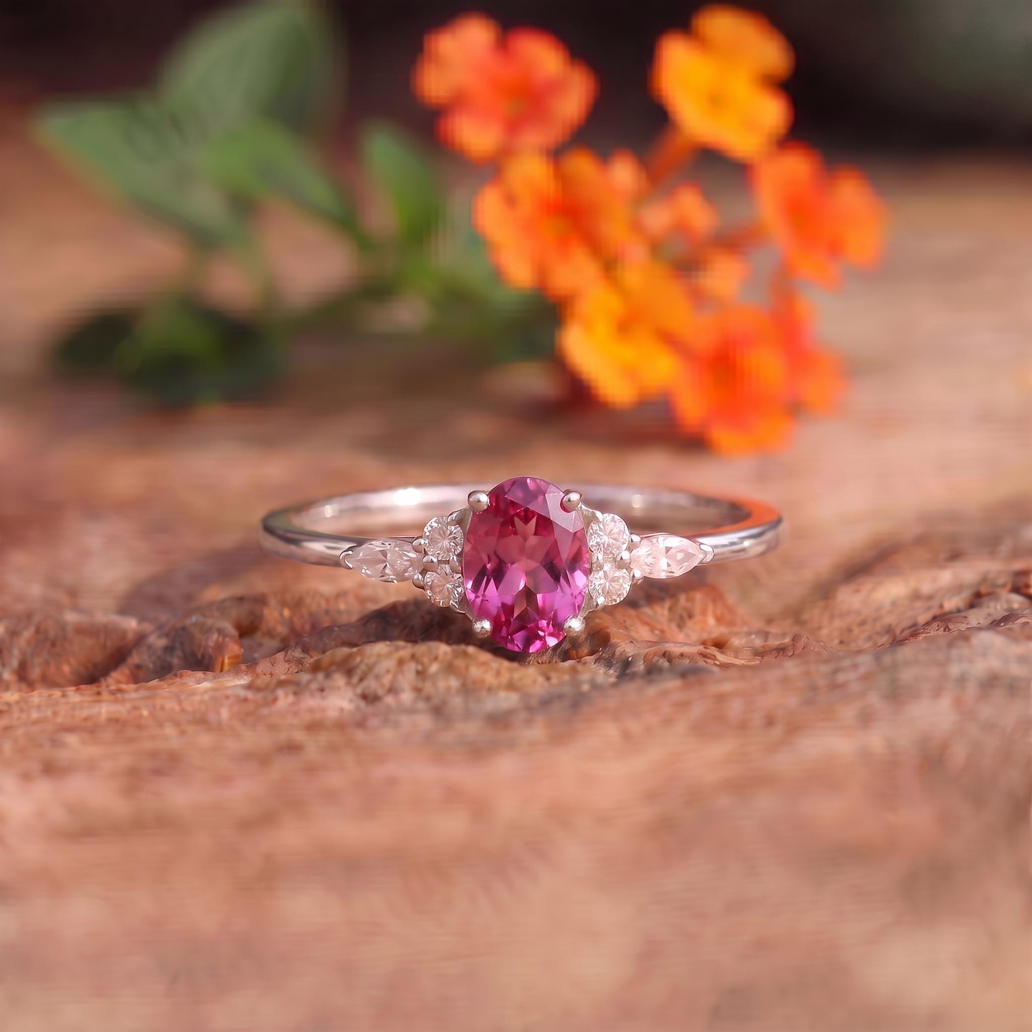 Elegant Oval Pink Tourmaline Ring | Diamond Cluster Engagement Ring | Delicate Promise Ring | Anniversary Ring Gift for Her