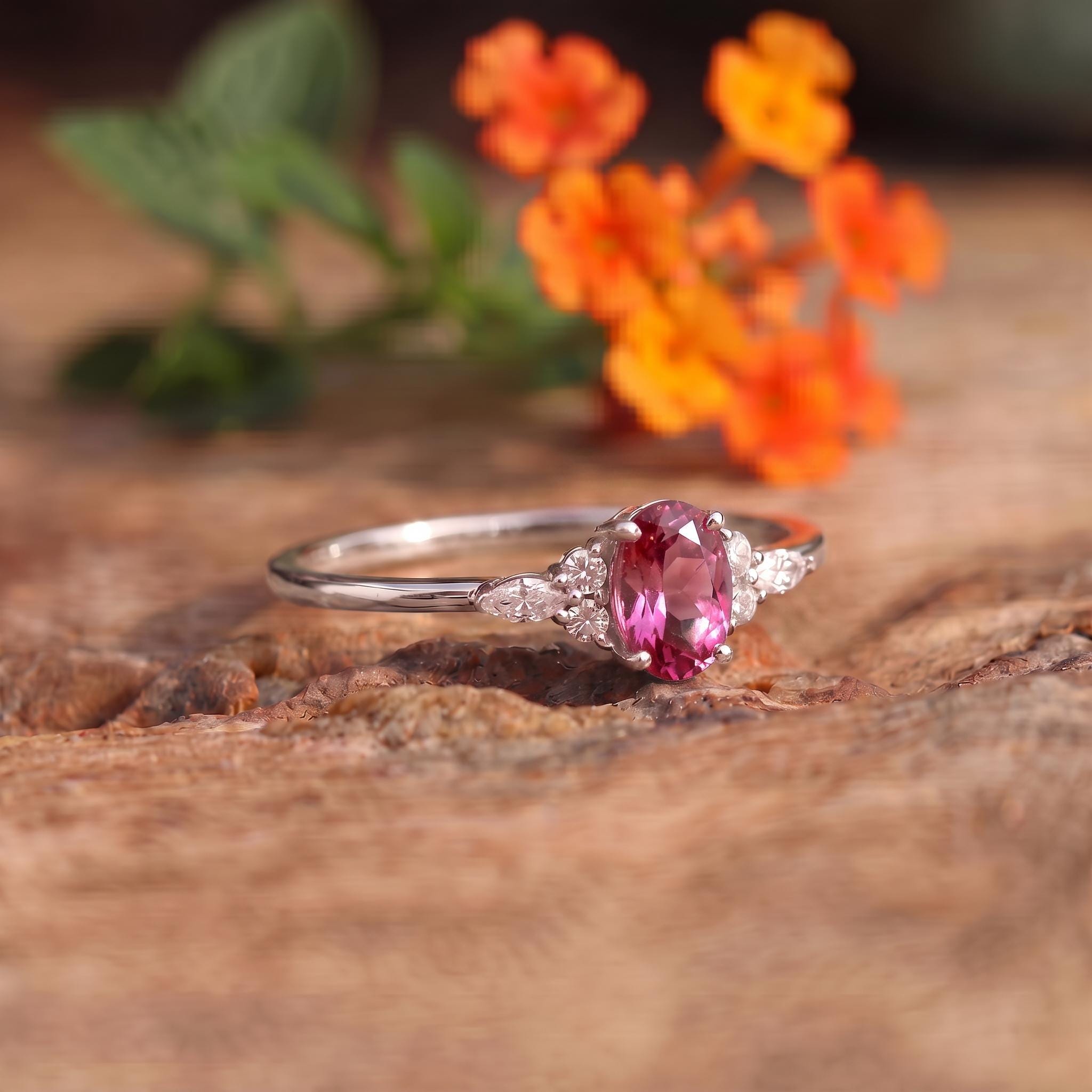 Elegant Oval Pink Tourmaline Ring | Diamond Cluster Engagement Ring | Delicate Promise Ring | Anniversary Ring Gift for Her